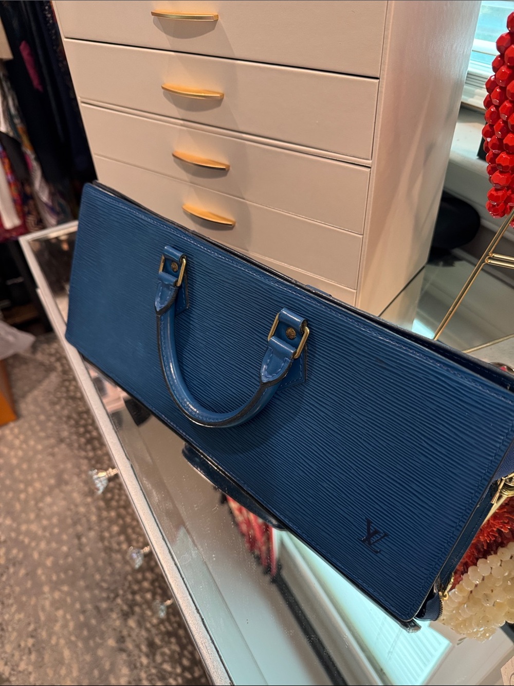 Louis Vuitton Navy Blue Epi Leather Slim Top-Handle Clutch Vintage triangle